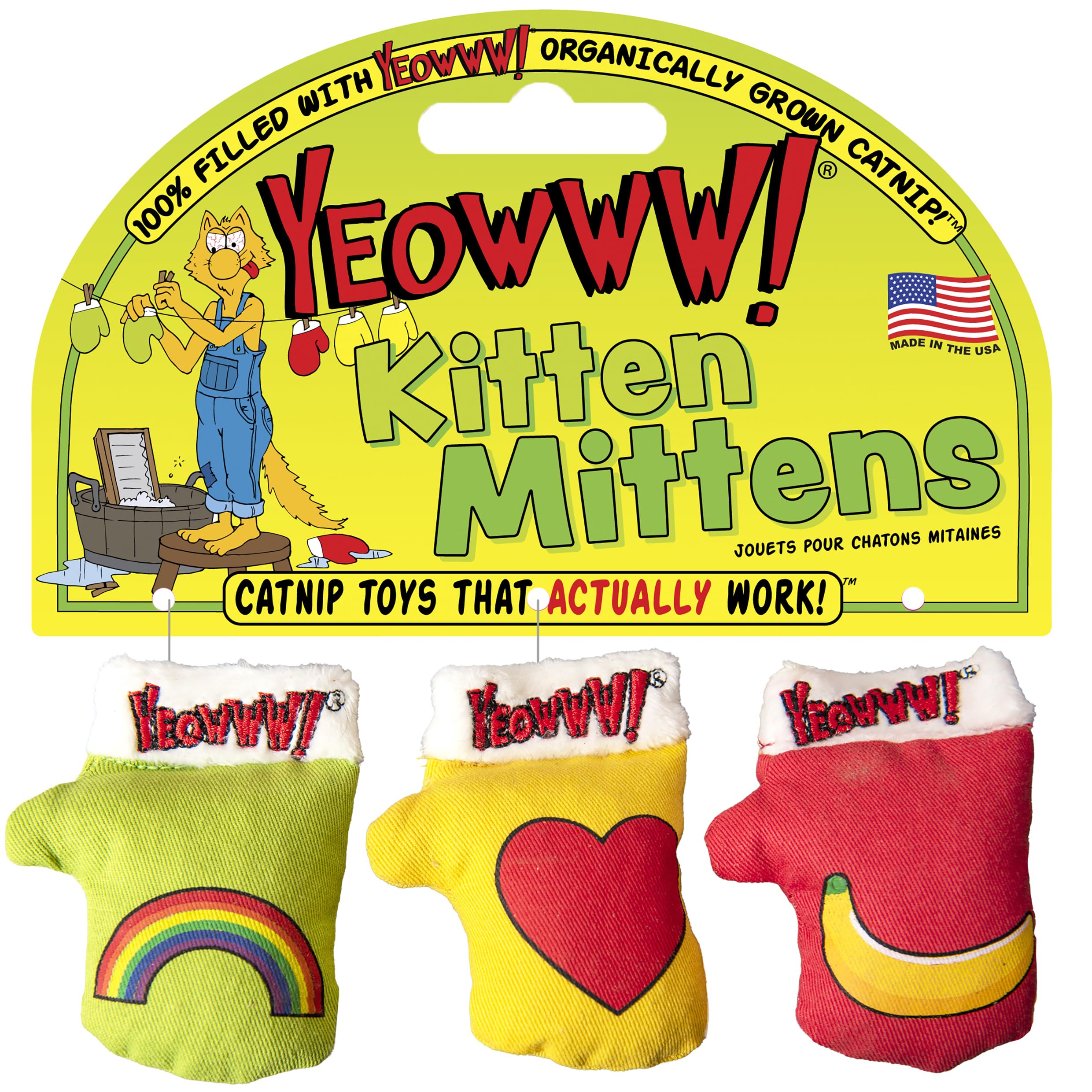 Yeowww! Catnip Kitten Mittens front view shows soft cotton and playful color for interactive play