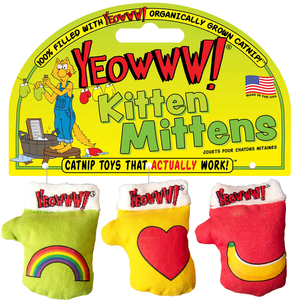 Yeowww! Catnip Kitten Mittens front view shows soft cotton and playful color for interactive play