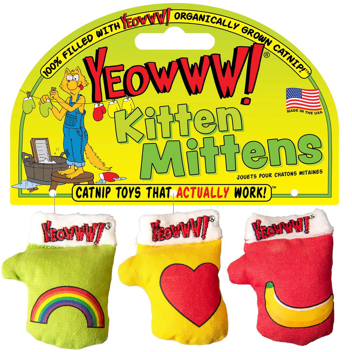 Yeowww! Catnip Kitten Mittens front view shows soft cotton and playful color for interactive play