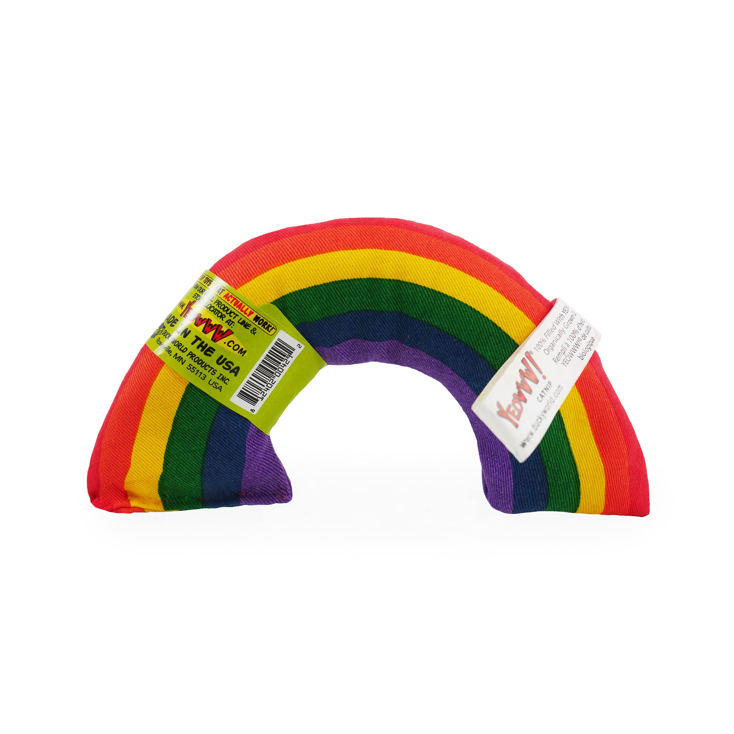 Yeowww! Rainbow catnip toy on colorful surface ideal for solo playtime and bonding.