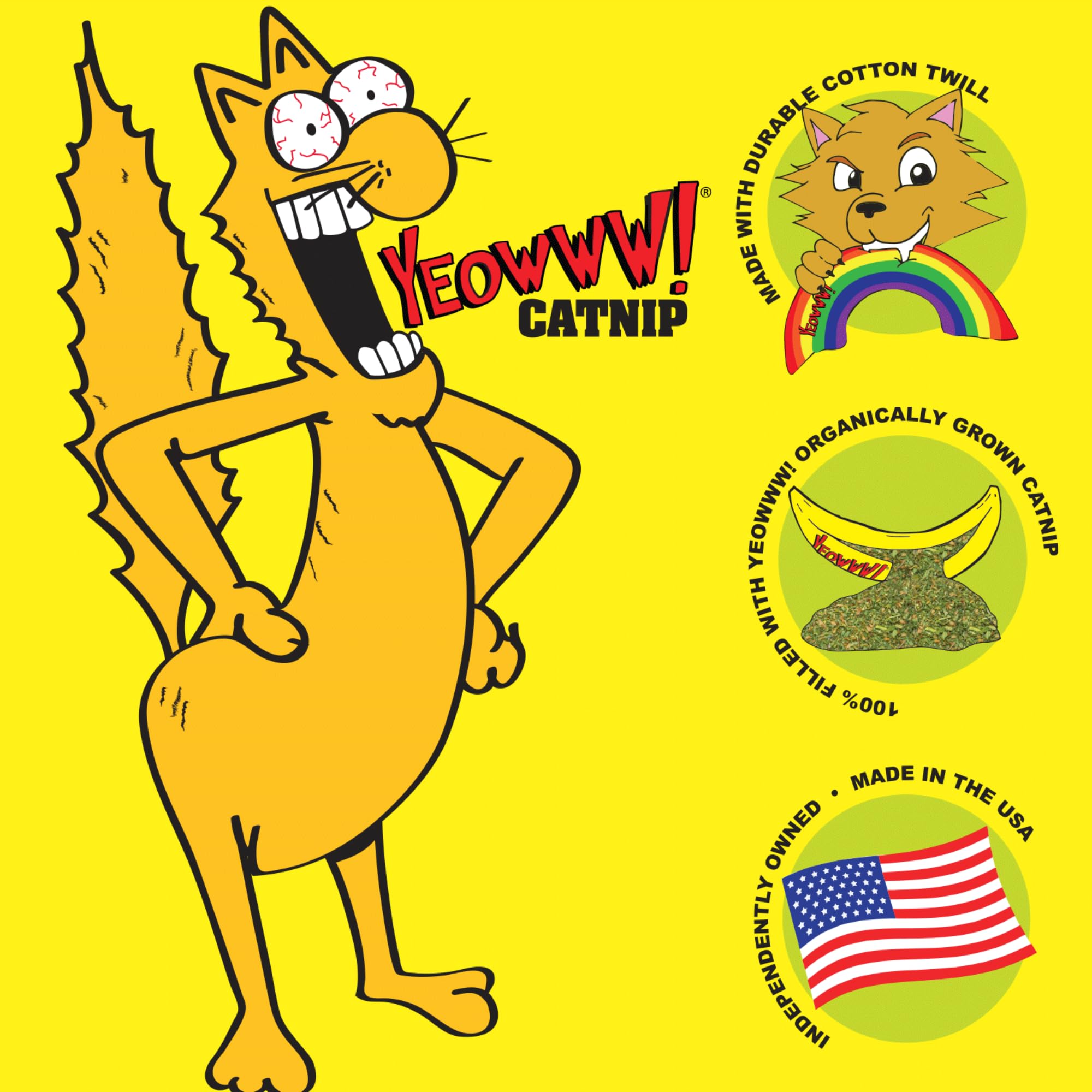Yeowww! Catnip Toy Yellow Banana USA-made tag signals quality and local craftsmanship.