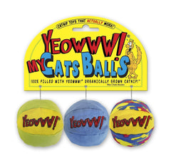 Yeowww! catnip balls closeup highlights 2-inch diameter and fragrant premium catnip.