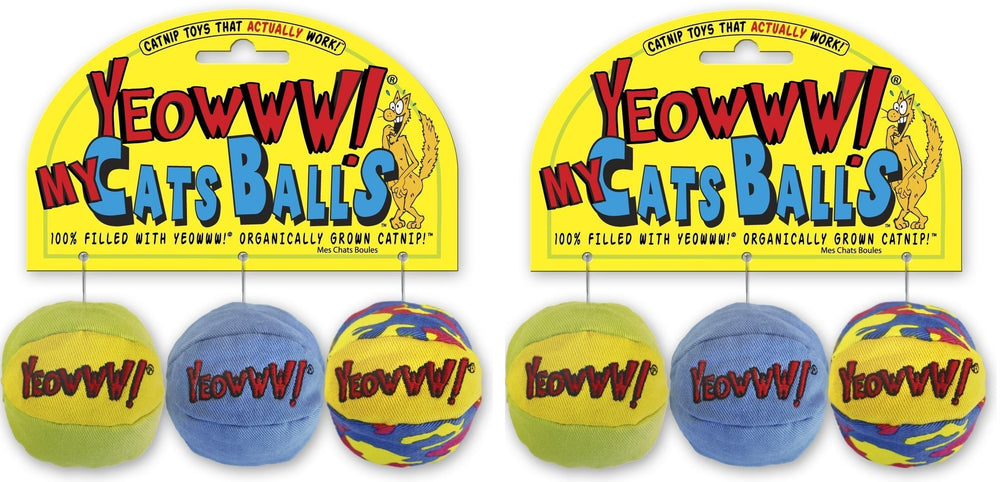 Yeowww! catnip balls on header card showcase six premium toys for interactive play.