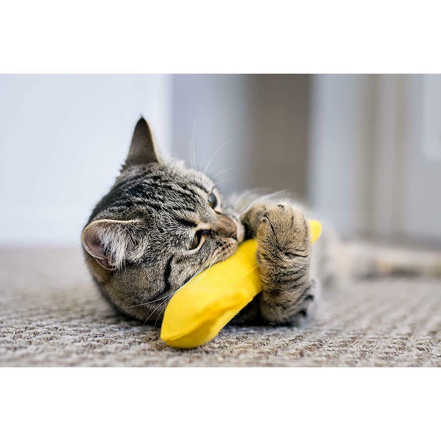Yeowww! DuckyWorld banana catnip toy in-use shows active batting and tossing play