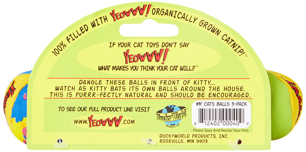 Yeowww! My Cats Balls closeup shows 2-inch catnip balls ideal for interactive chewing and batting.
