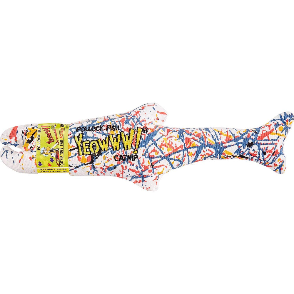 Yeowww Pollock catnip fish toy; artist-inspired shape for nibbling.