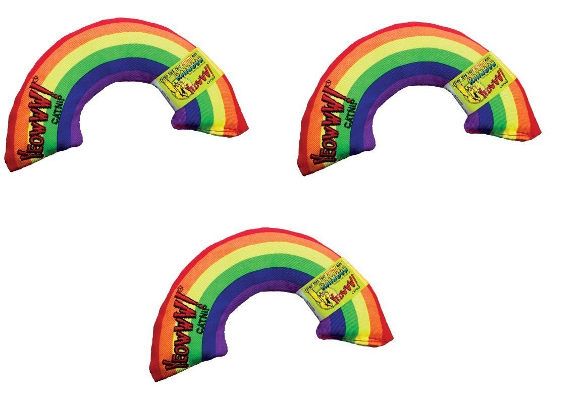 Yeowww rainbow catnip toy close-up, vibrant colors and strong aroma for interactive play.