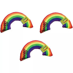 Yeowww rainbow catnip toy on rug, inviting focused engagement and enrichment.