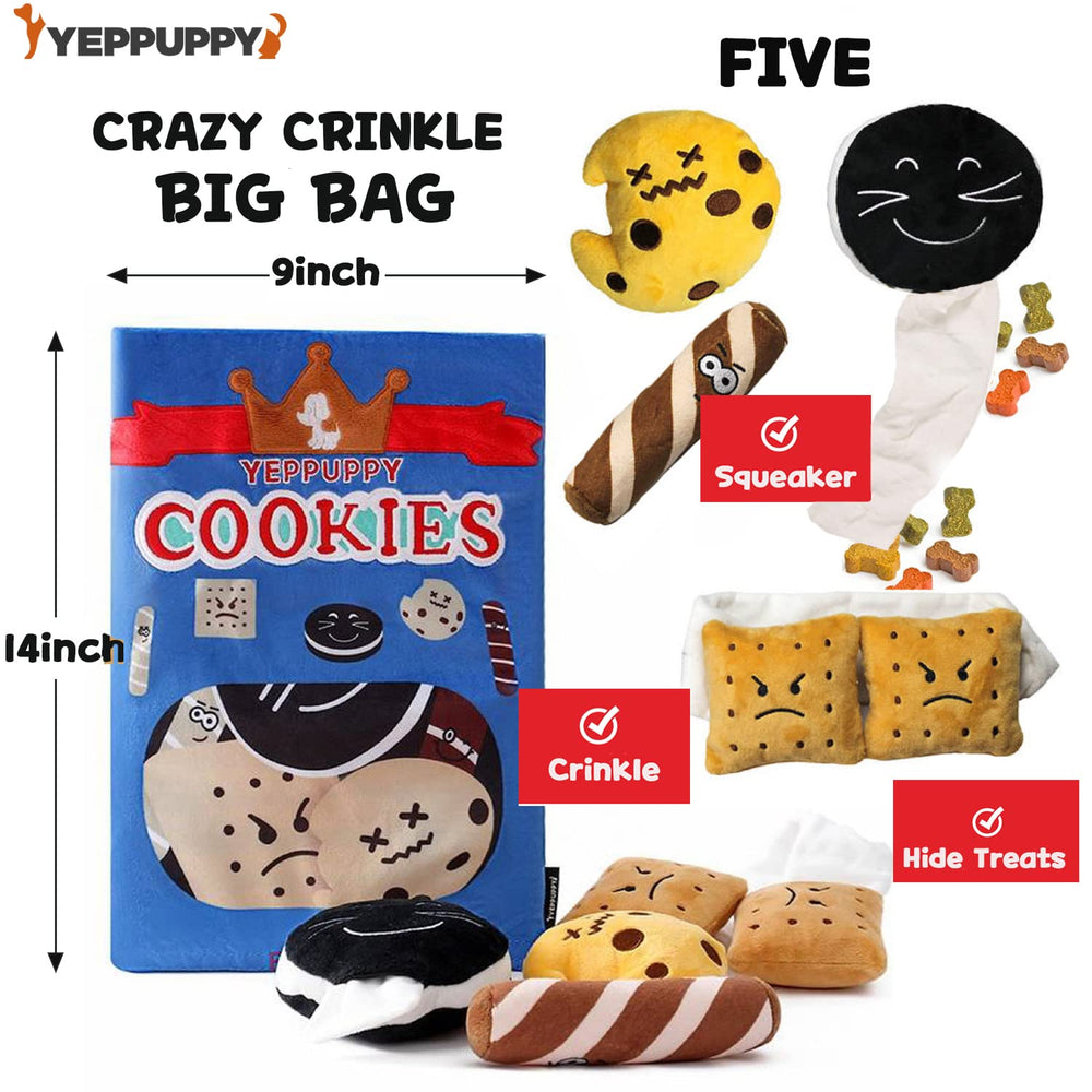 YEPPUPPY Sniffing Play cookie bag closeup highlights crinkle sounds and treat-hiding fun.