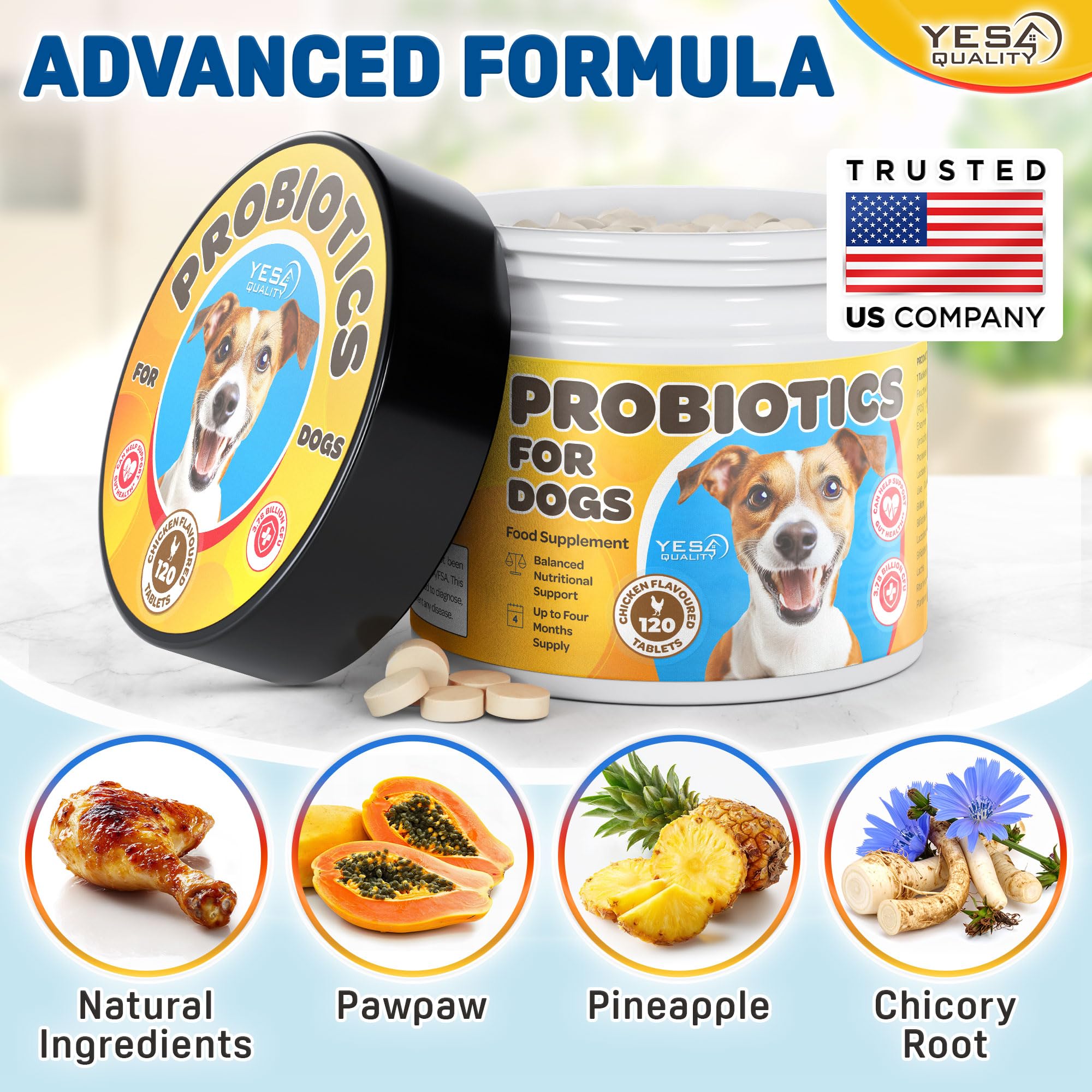YES4QUALITY bottle-label highlights 3.78B CFUs and prebiotics for balanced gut health.