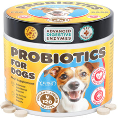 YES4QUALITY Dog Probiotics chews bottle with 120 chicken-flavored tablets for gut support.
