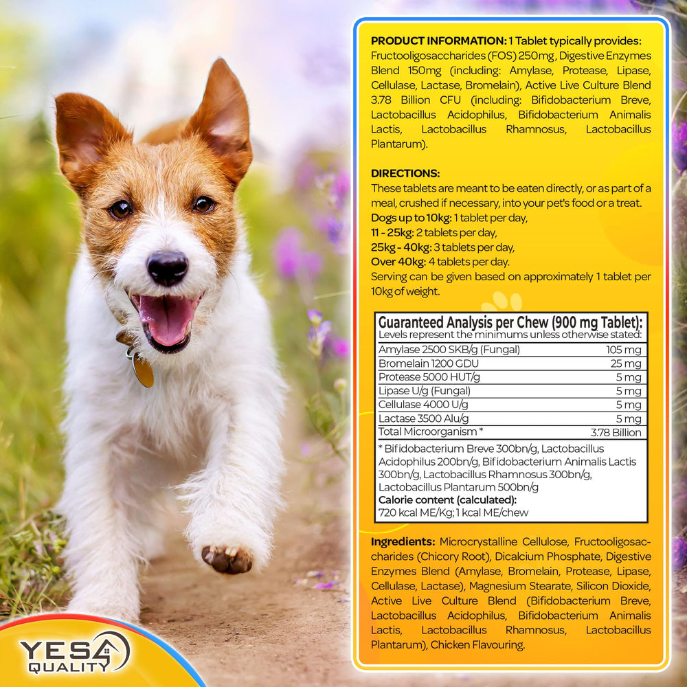 YES4QUALITY packaging hero featuring a 120-count dog probiotic bottle for all sizes.