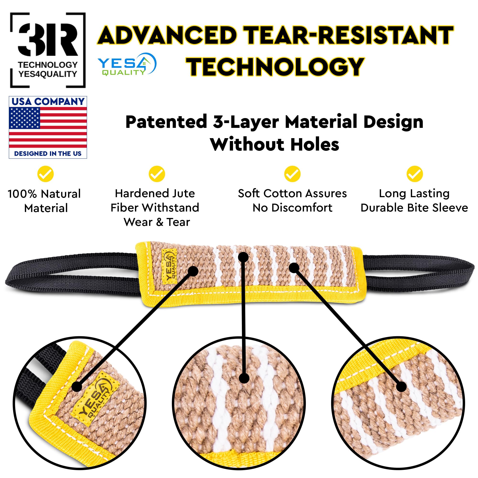 YES4QUALITY double-stitch durable jute tug shows long-lasting play for fetch and training sessions.