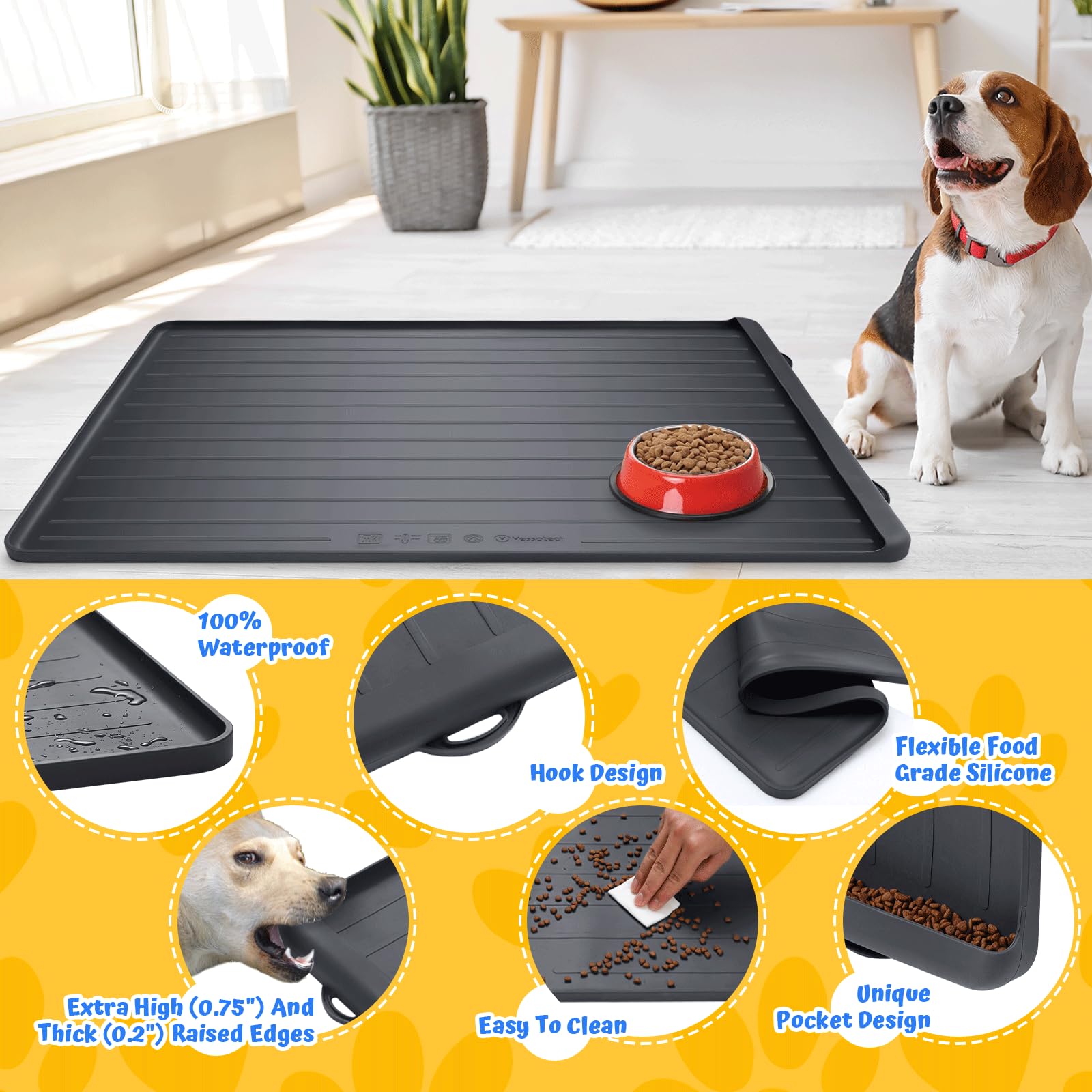 Yessotech dog feeding mat under bowls helps protect floor surfaces