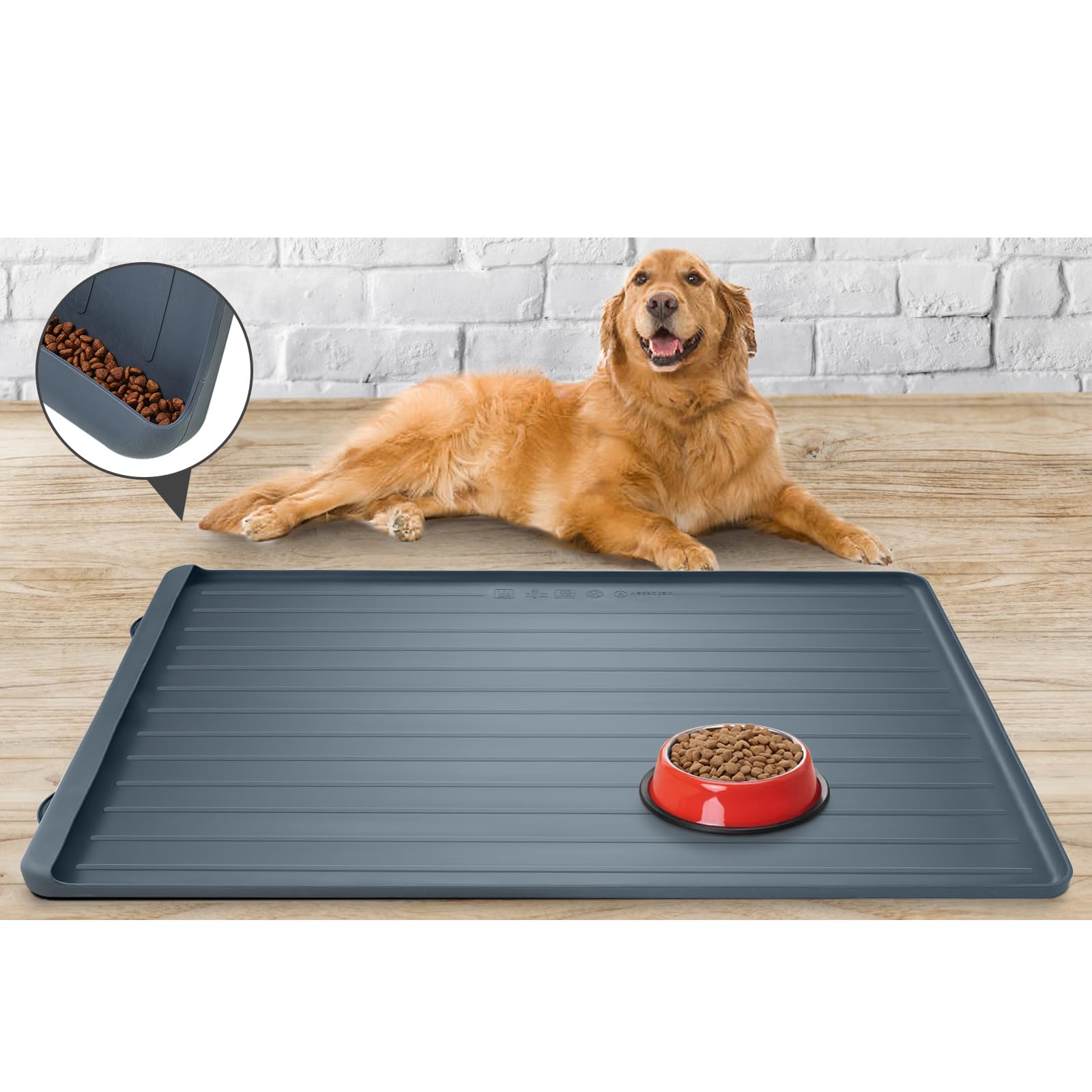Yessotech dog mat pocket design captures spills for quick cleanup.