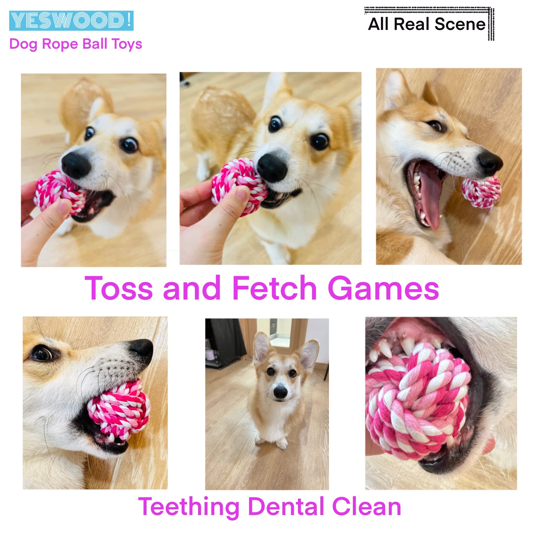 YESWOOD! Puppy pink rope ball in action for interactive play.