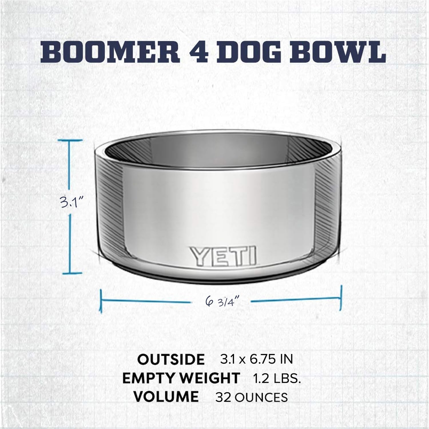 YETI Boomer 4 bowl label highlights 32-ounce capacity for food or water.