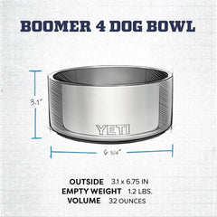 YETI Boomer 4 bowl label highlights 32-ounce capacity for food or water.