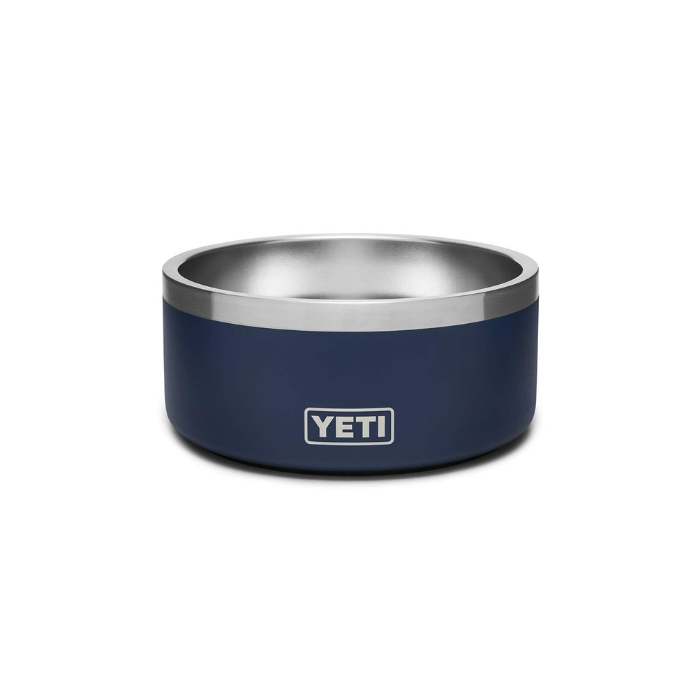 YETI Boomer 4 bowl front view in navy demonstrates durable stainless steel for daily use.