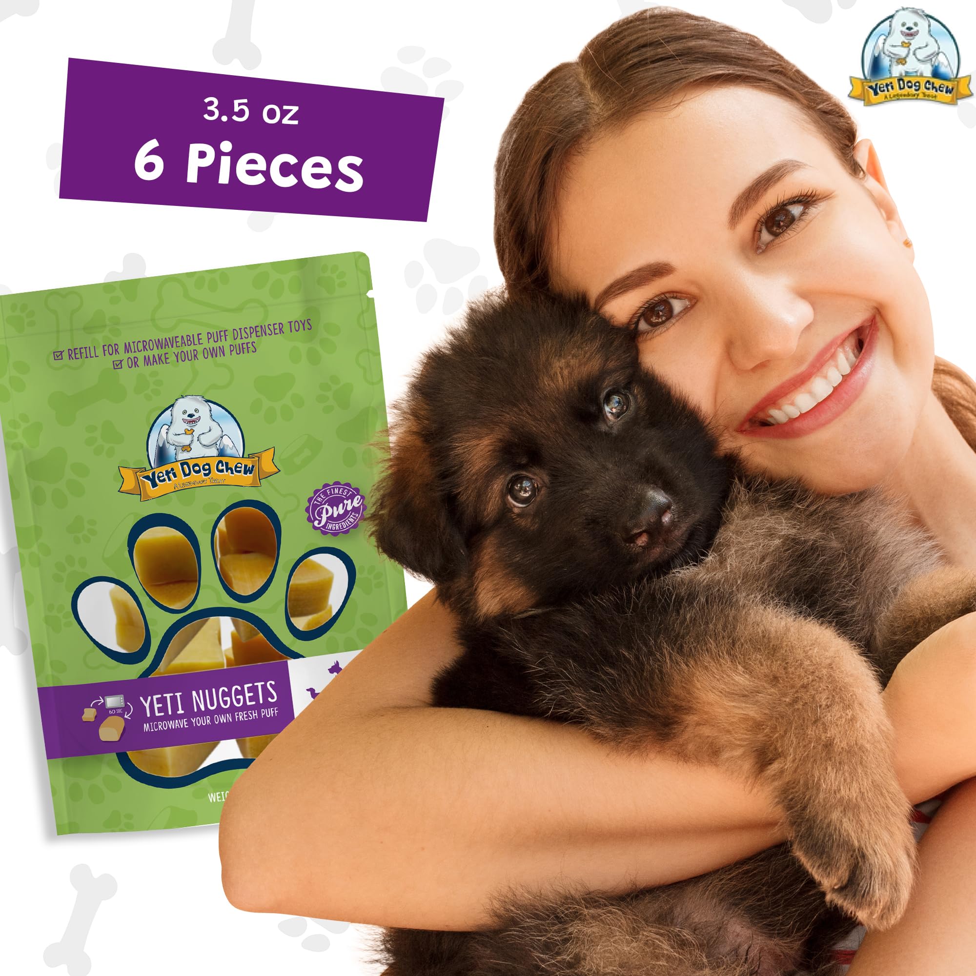 Yeti dog chew refill nuggets microwave-step shows 60-second puff preparation.