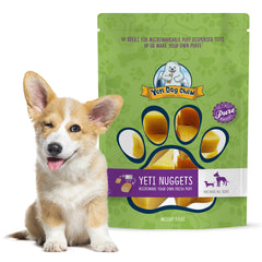 Yeti dog chew refill nuggets packaging highlights natural Himalayan cheese for healthy snacking.