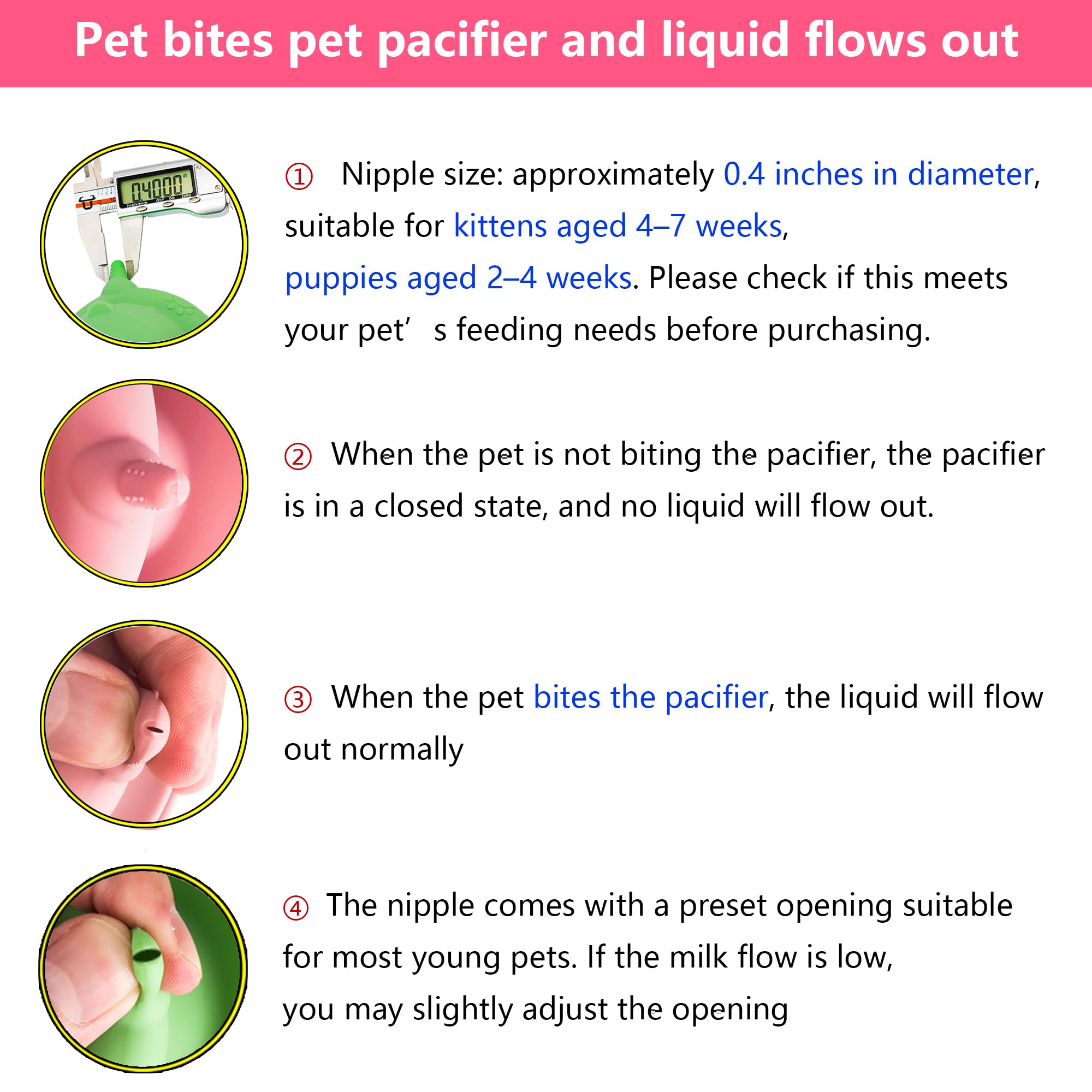 YeulYuuri newborn feeder nipple close-up shows 0.4 inch diameter for controlled milk flow.