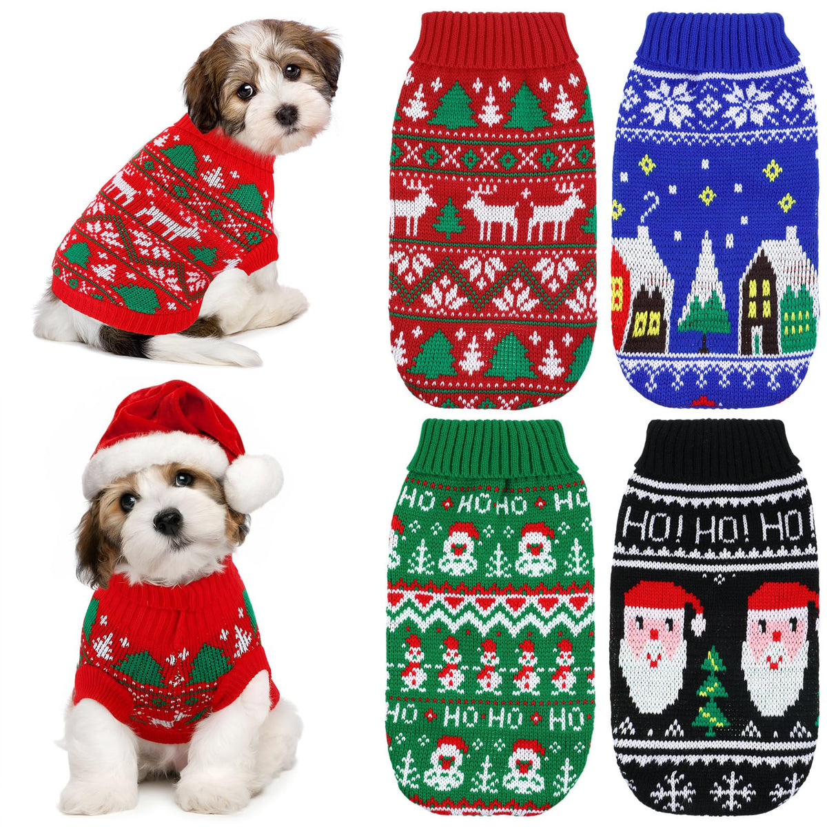Yeyeplum 4-pack Christmas sweaters on group shot for festive pet styling