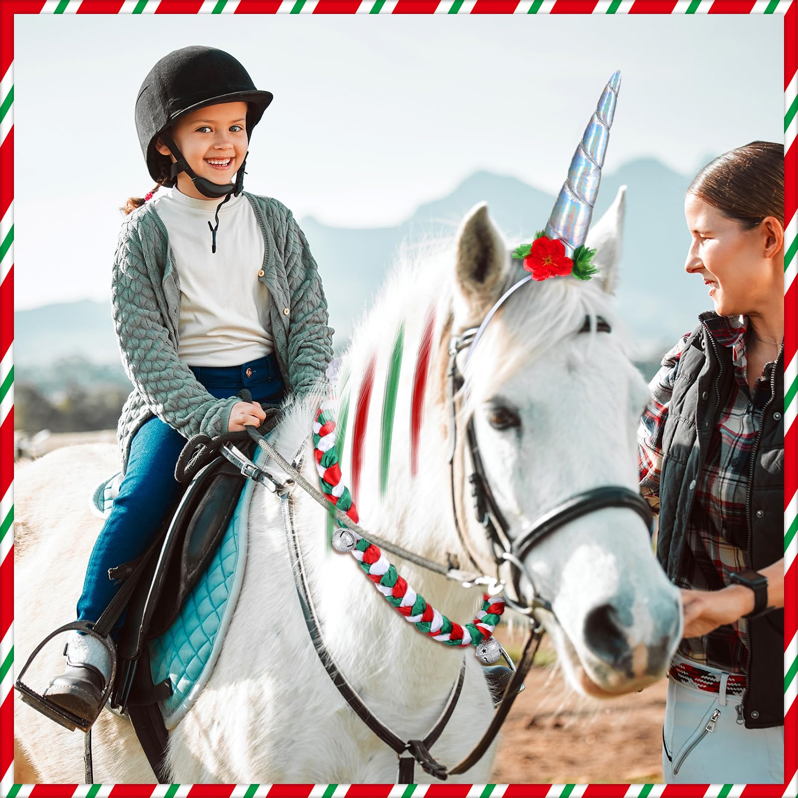 Yeyeplum Christmas horse costume display on real horse for magical holiday photos.
