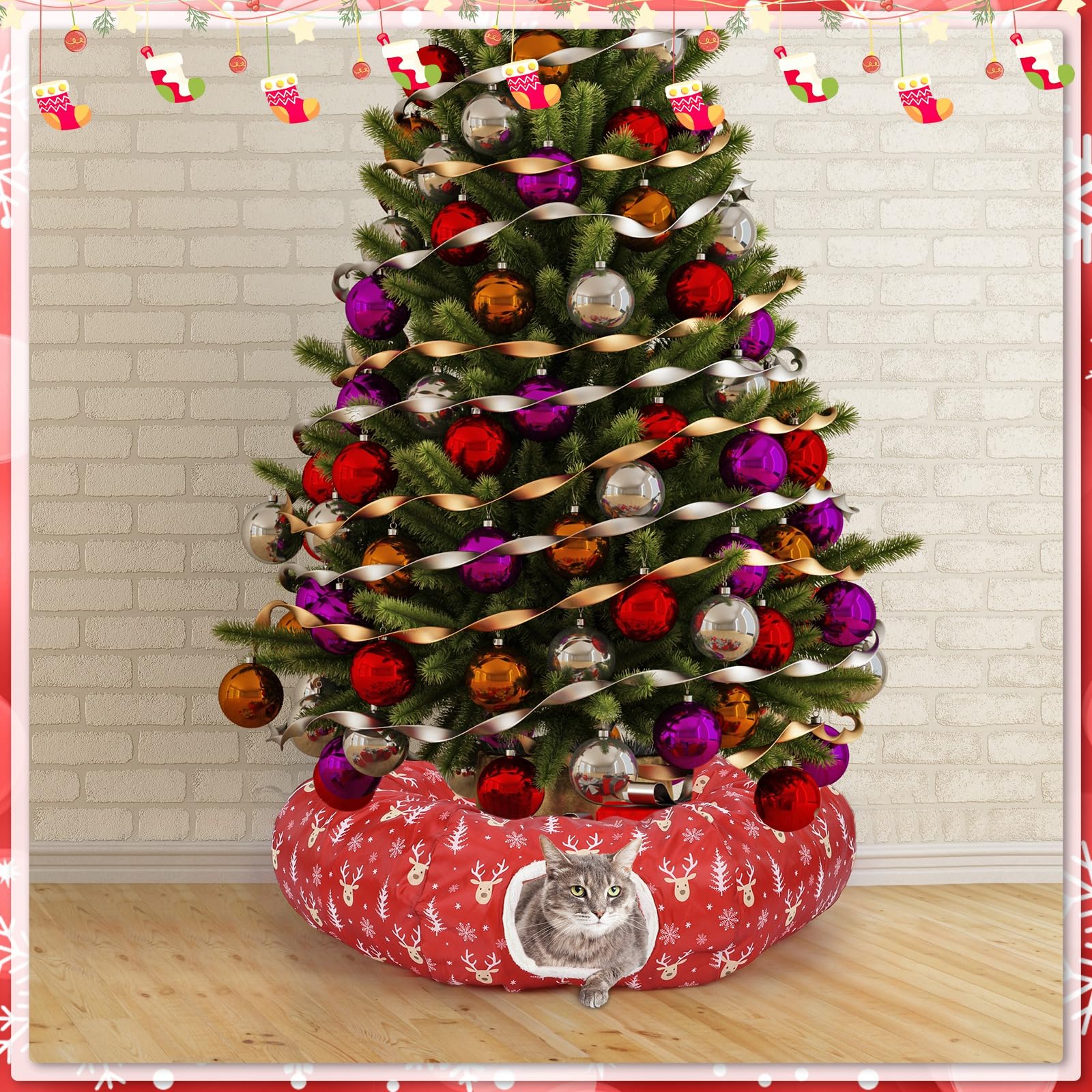 Yeyeplum elk-print detail adds holiday charm to your cat's cozy retreat.