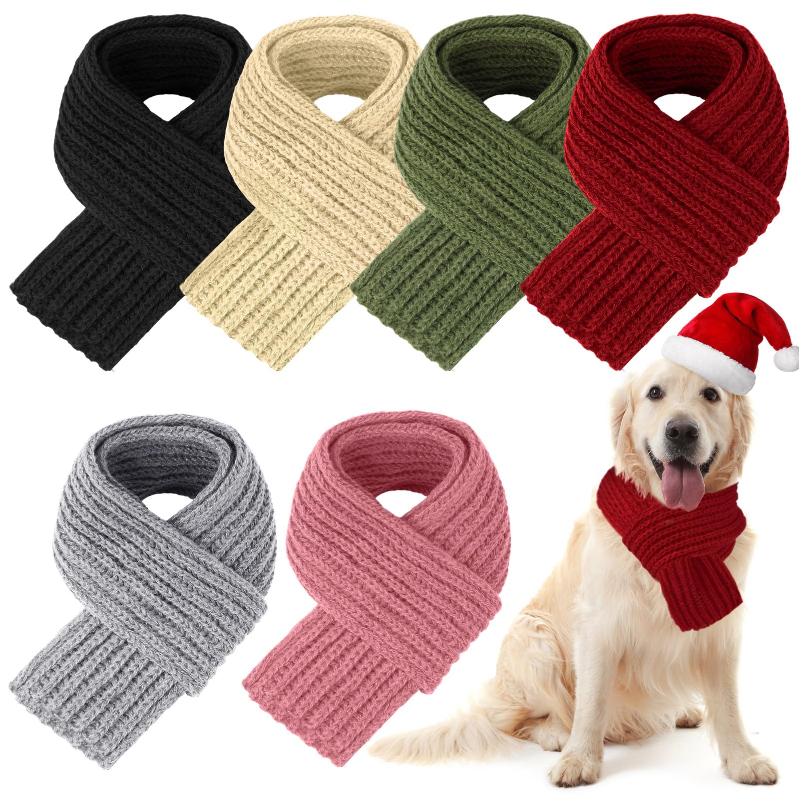 Yeyeplum red knitted dog scarf on a small dog for cozy winter styling.