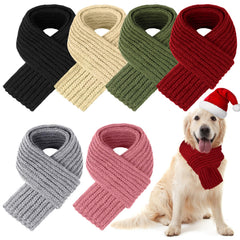 Yeyeplum red knitted dog scarf on a small dog for cozy winter styling.
