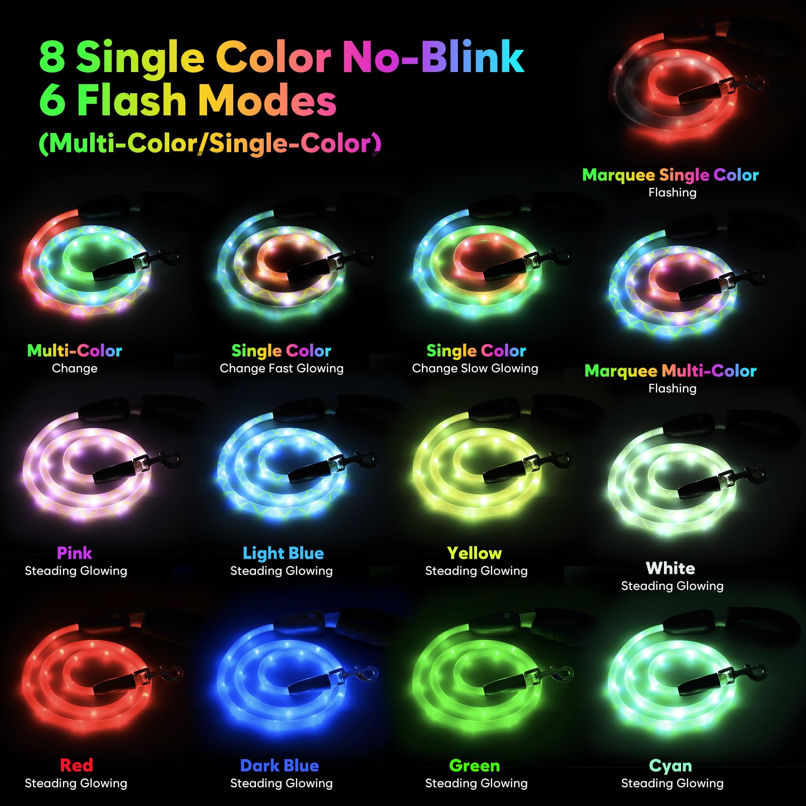 YFbrite LED leash with 15 modes for customizable flashing colors