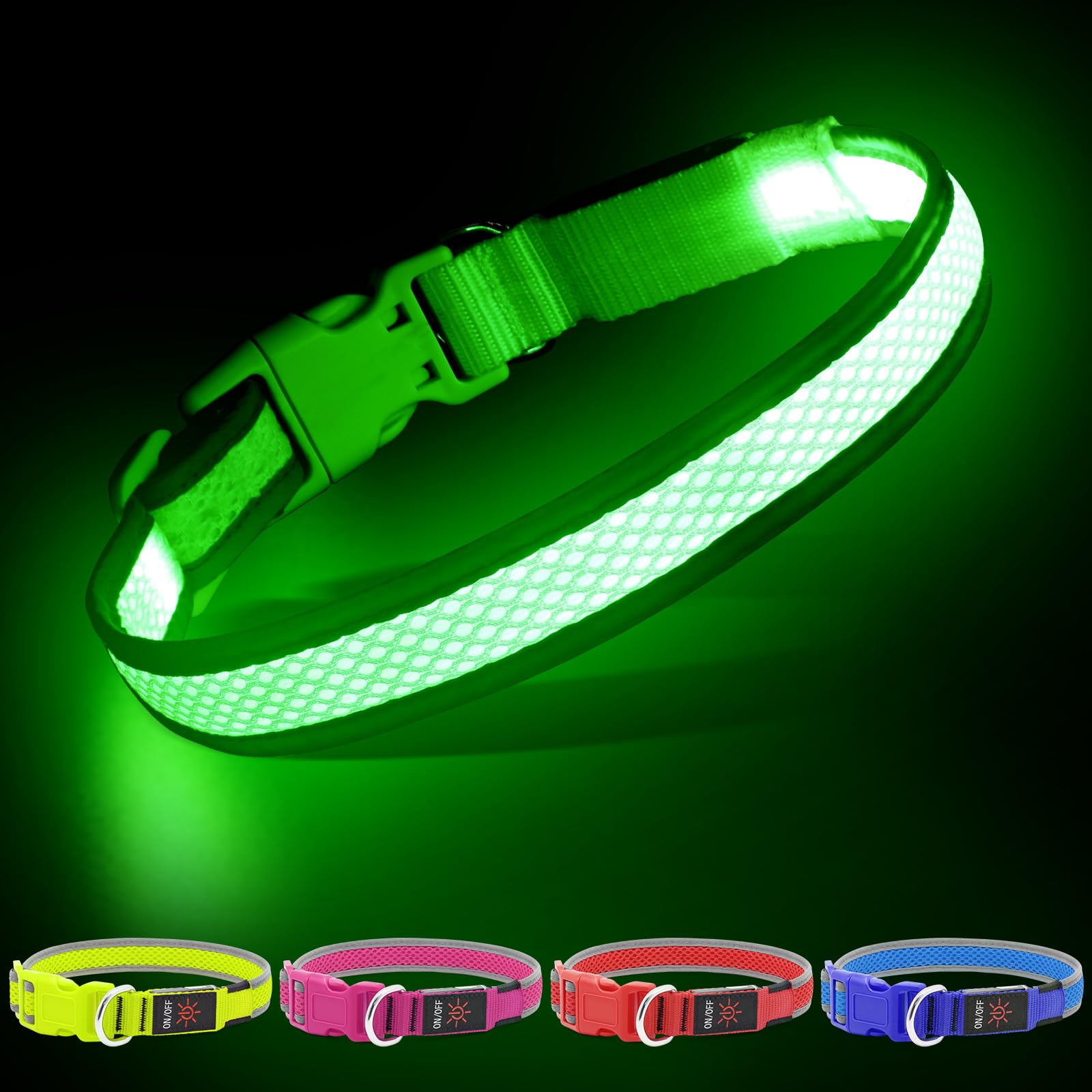 YFbrite light up dog collar in green large front view showing high visibility glow for night walks.