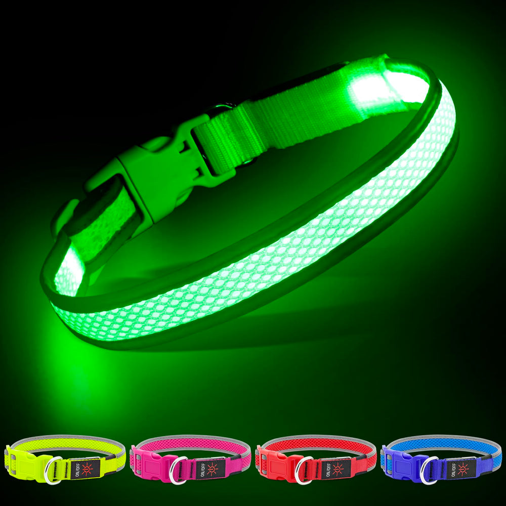 YFbrite light up dog collar in green large front view showing high visibility glow for night walks.