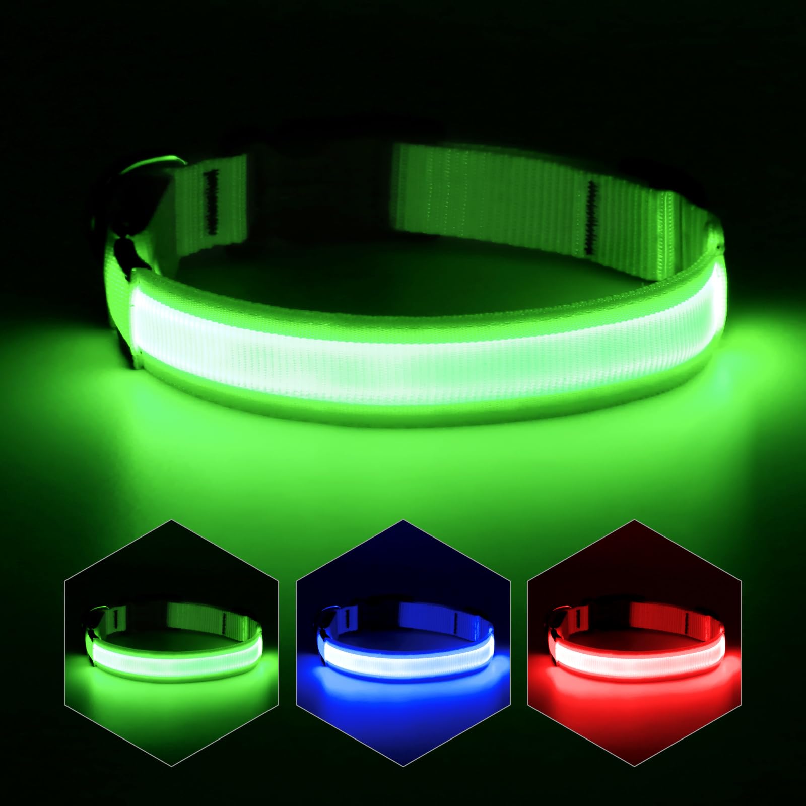 YFbrite Ultra Light LED dog collar in green with medium strap for high visibility.