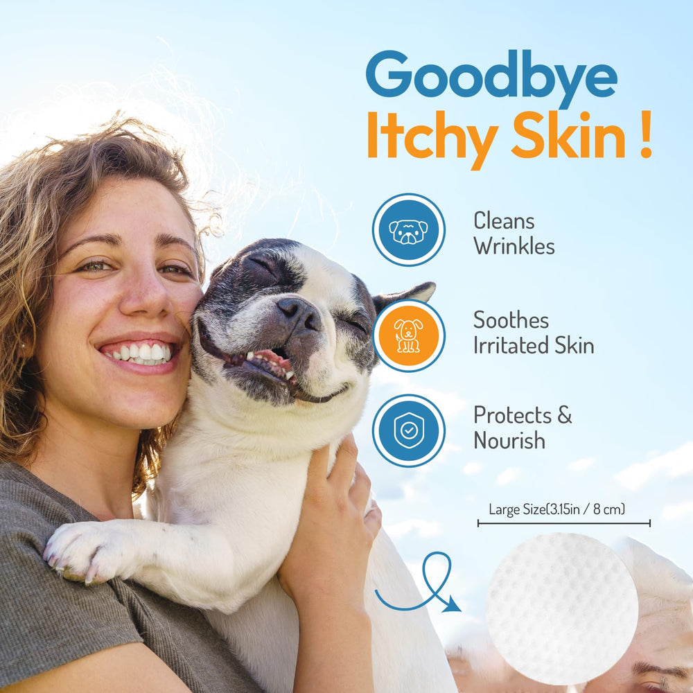Yibesi wrinkle wipes on a dog's facial folds for gentle cleansing.