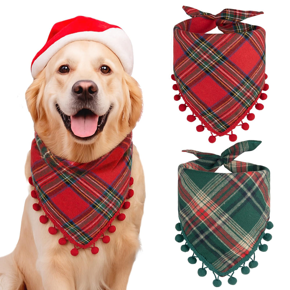 Yicostar Christmas dog bandana double-sided grid with balls is ideal for festive photo shoots