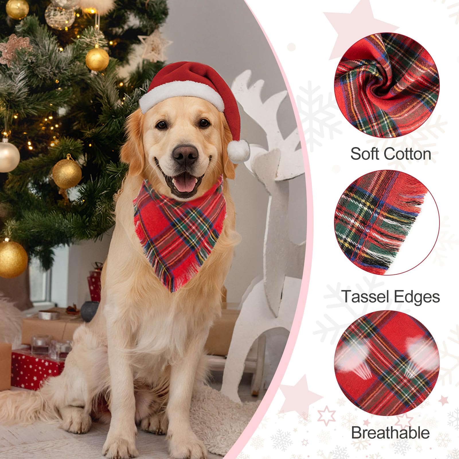Yicostar Christmas dog bandana in green plaid with tassel edge for holiday parties.