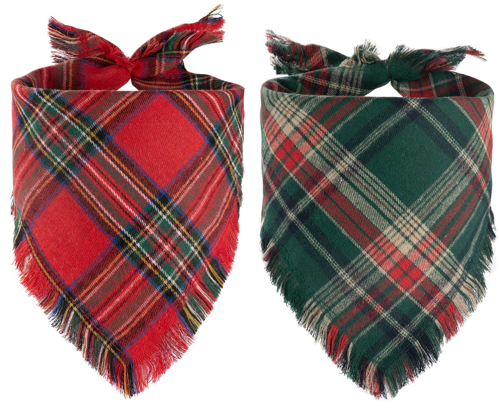 Yicostar Christmas dog bandana in red plaid with tassel edge for festive photos.