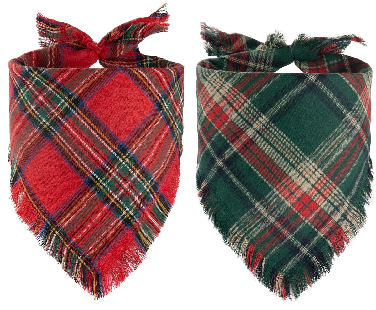 Yicostar Christmas dog bandana in red plaid with tassel edge for festive photos.