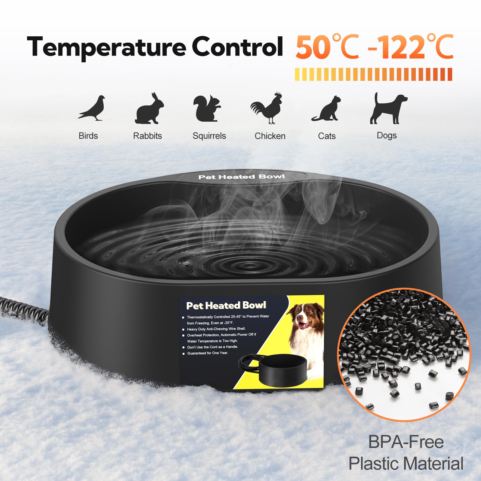 Yicostar heated water bowl outdoor side cord view highlighting anti-chew safety.