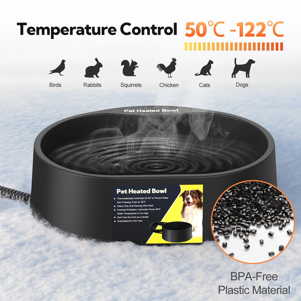 Yicostar heated water bowl outdoor side cord view highlighting anti-chew safety.