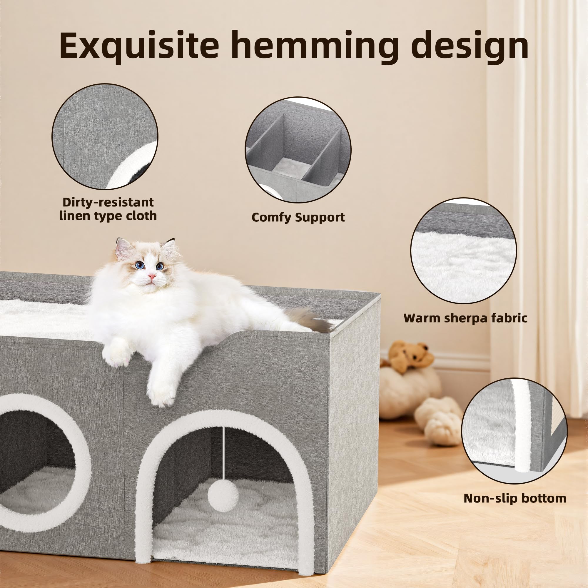 YIJIETON cat condo features a sisal scratching board and plush balls for play.