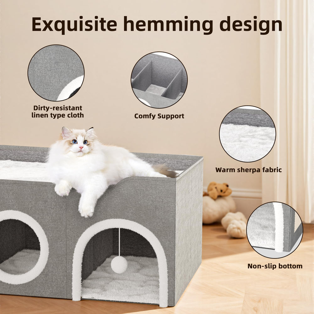 YIJIETON cat condo features a sisal scratching board and plush balls for play.