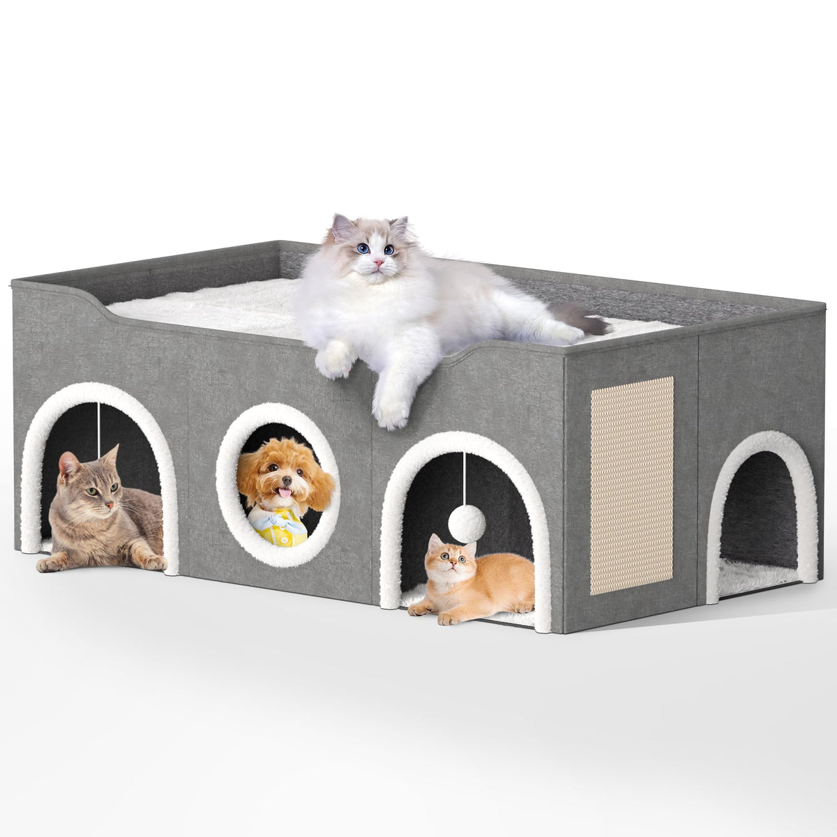 YIJIETON top bed cat condos showing three rooms for multi-cat lounging and privacy.