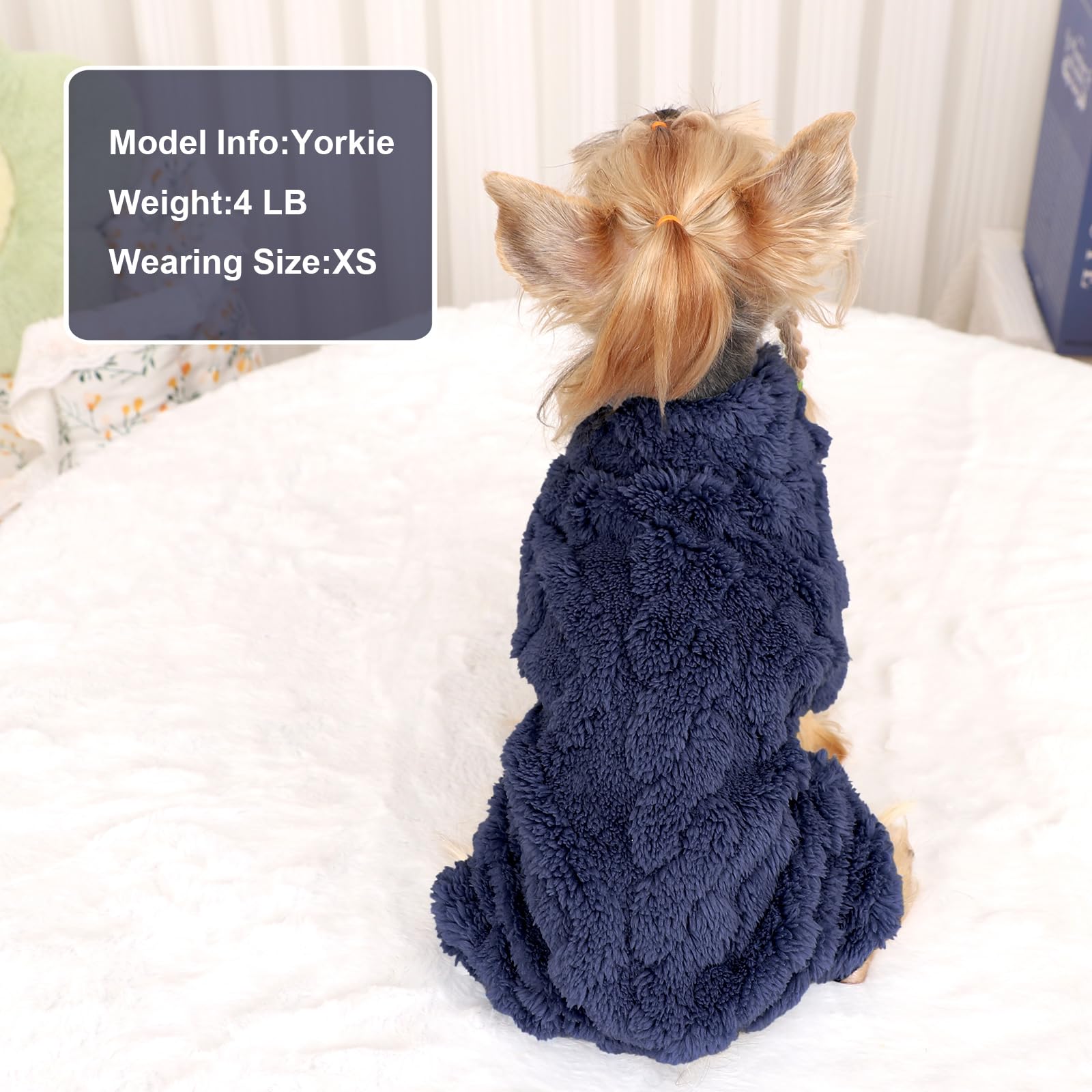 Yikeyo dog pajamas dark blue wear on a small dog, ideal for indoor outdoor winter activities.