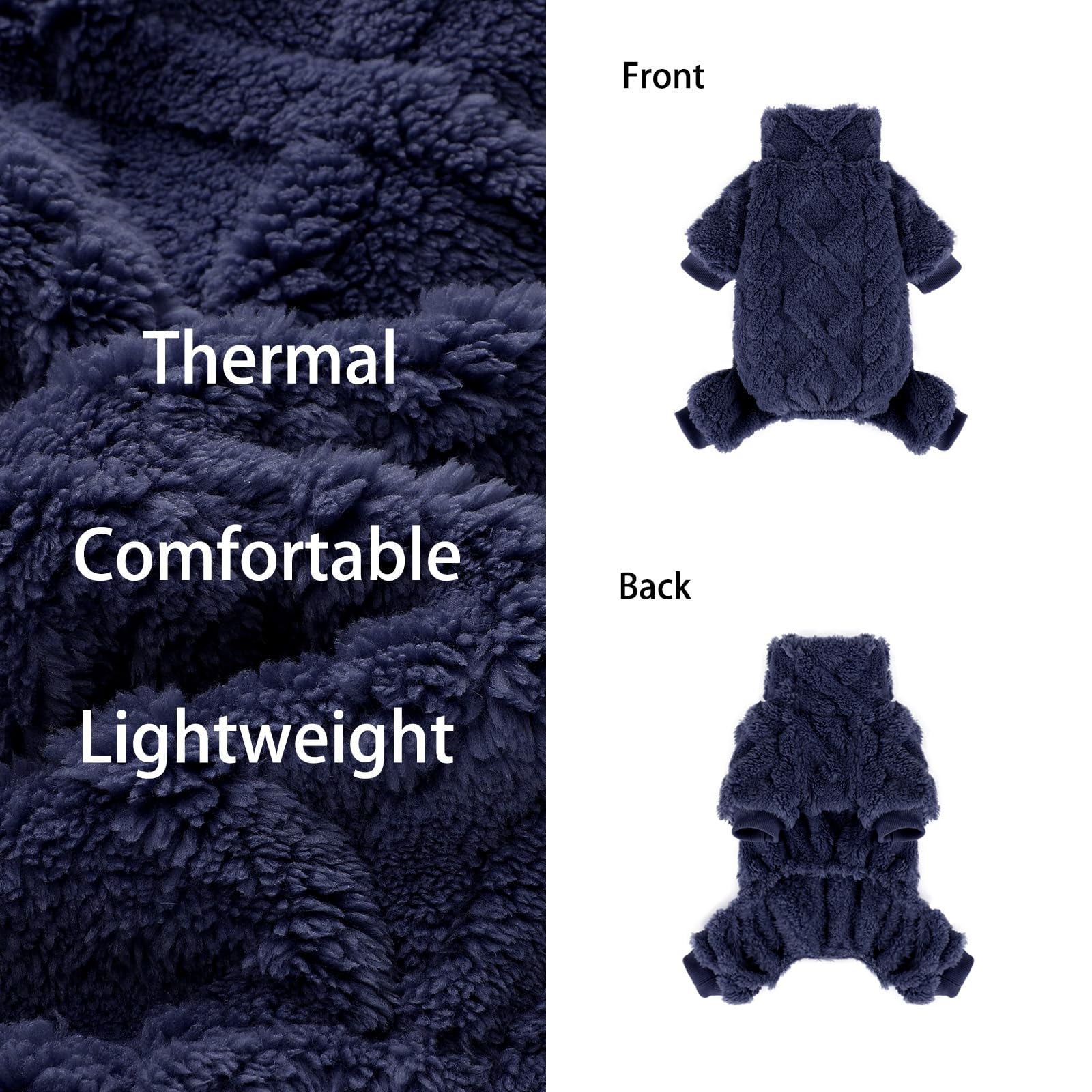 Yikeyo dog pajamas XS dark blue back view, full-body coverage for small dogs in chilly weather outside.