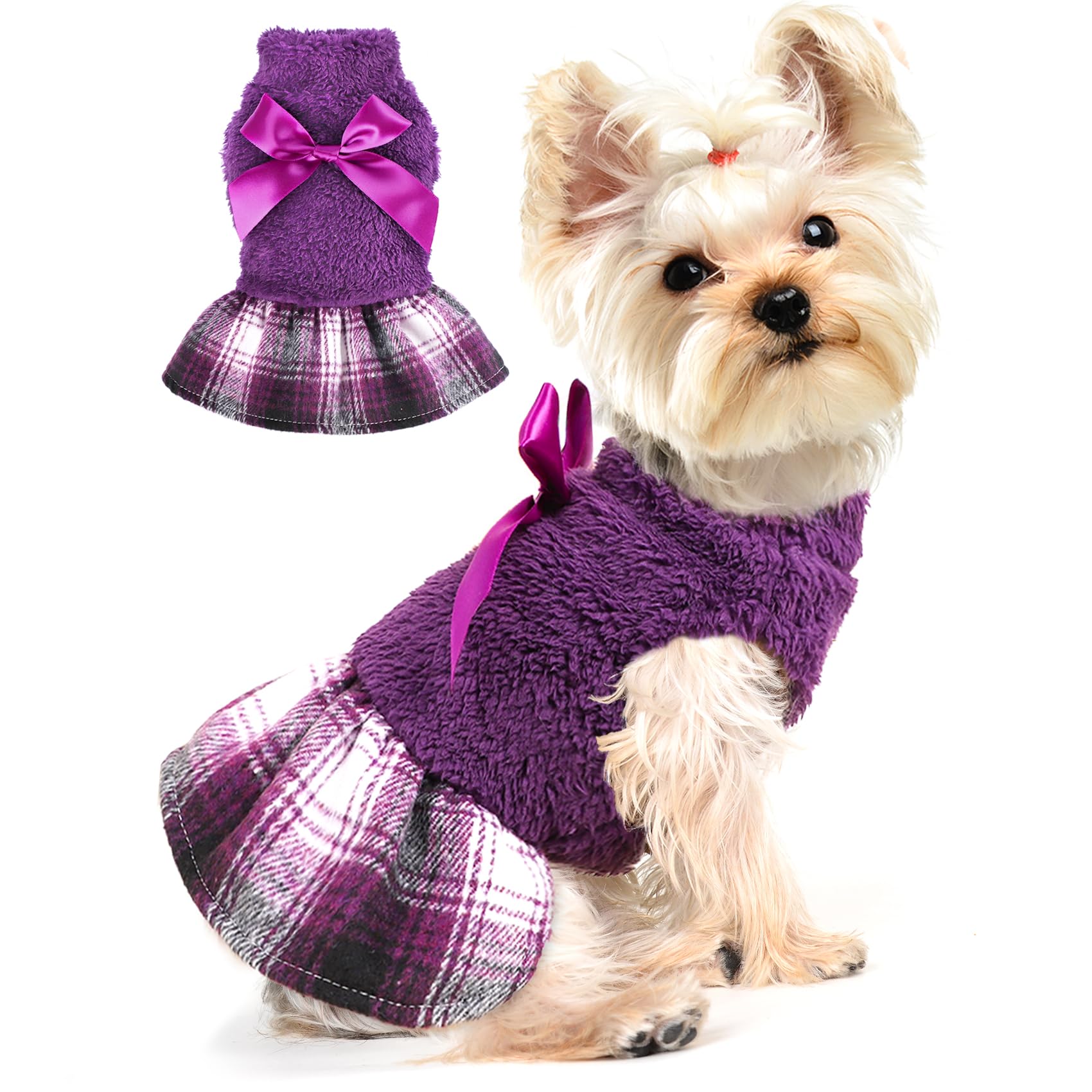 Yikeyo dog sweater small girl plaid-hem purple keeps tiny dogs warm and stylish.