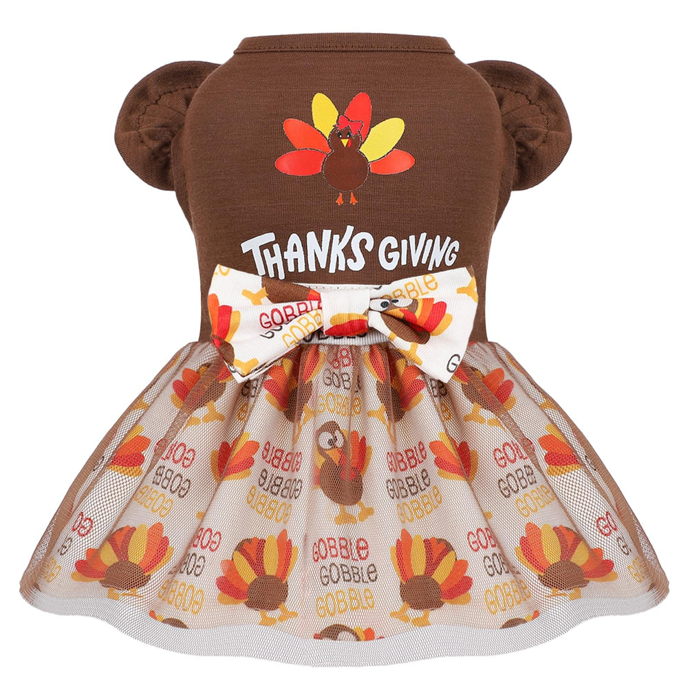 Yikeyo Thanksgiving dress with turkey print for small dogs—festive holiday look.