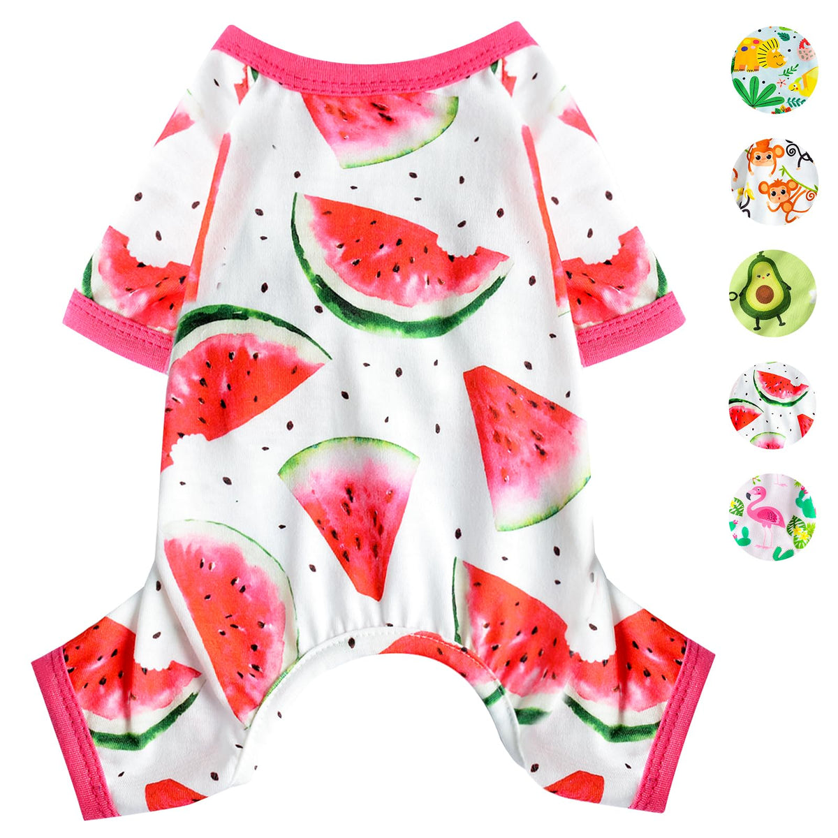 Yikeyo watermelon-pattern dog pajamas front view for small breeds, great for photos
